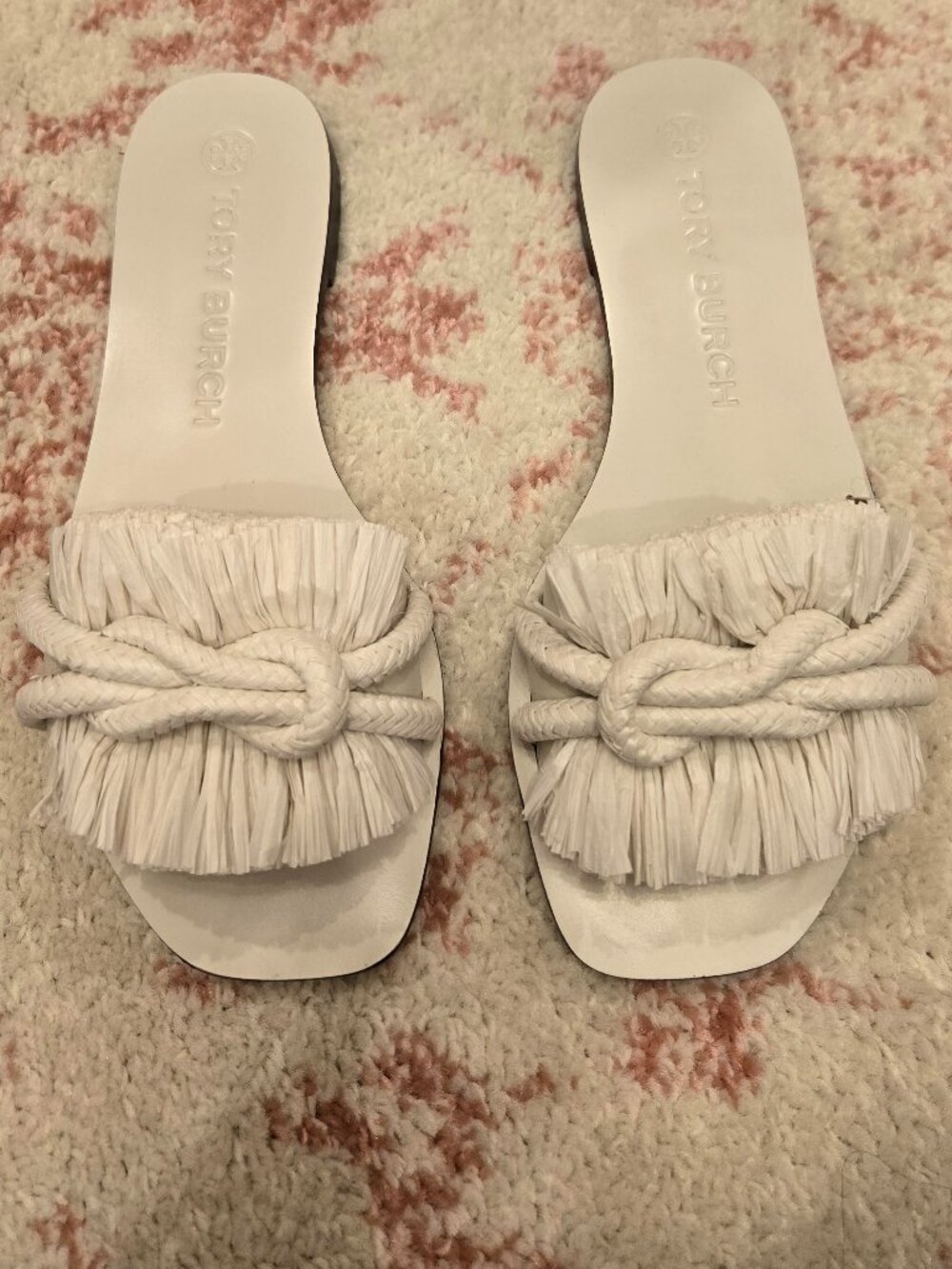 Tory Burch White Raffia Fringe Rope Flat Open Leather Sandal - Size 8